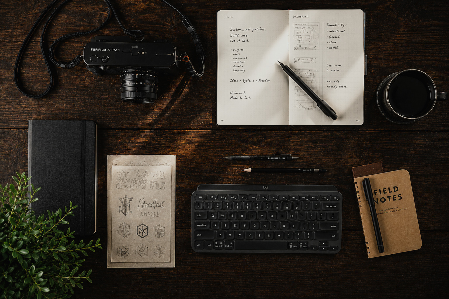 Desk with camera, open notebook, lettering sketches and keyboard